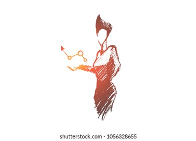 Vector hand drawn business analytics sketch and success concept. Business woman holding symbol of positive business dynamics in hands.