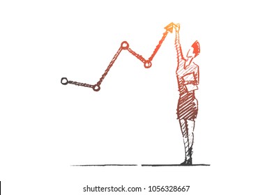 Vector hand drawn business analytics sketch and success concept. Business woman standing and drawing indicators of positive business dynamics by hand.