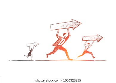 Vector hand drawn business concept sketch. Business people running and carrying indicators meaning progress and development in business.