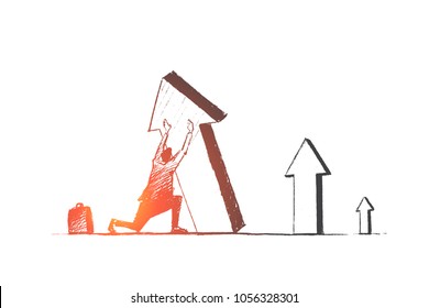 Vector hand drawn business concept sketch. Businessman sitting on his haunches and trying to lift falling indicator of growth by hands.