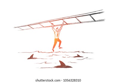 Vector hand drawn business concept sketch. Business man hanging on suspended ladder and balancing over sea full of sharks.
