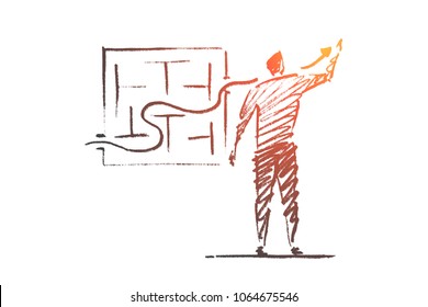 Vector hand drawn business concept sketch. Bisinessman standing backwards and drawing indicator of sustainable development through business maze.