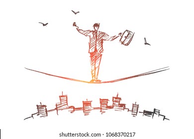 Vector hand drawn business concept sketch and pencil over it. Bisinessman standing and balancing on rope over big city