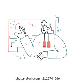 Ilustración del concepto de negocio dibujada a mano por vectores sobre estrategia y planificación. Espectáculos de hombre en pizarra con planes y esquemas. Es bueno para cualquier contenido web, sitios web, aplicaciones y páginas de inicio.