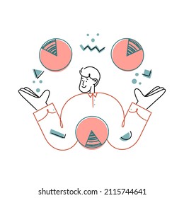Ilustración del concepto de negocio dibujada a mano por vectores sobre el análisis. El hombre huele con diagramas y figuras aleatorias. Es bueno para cualquier contenido web, sitios web, aplicaciones y páginas de inicio