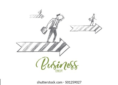 Vector hand drawn business concept sketch. Business people looking ahead and going on arrows meaning successful business and positive dynamics. Business concept lettering