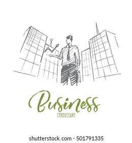 Vector hand drawn business concept sketch. Businessman standing on background of office building and holding indicator meaning progress and positive dynamics in business. Lettering Business concept