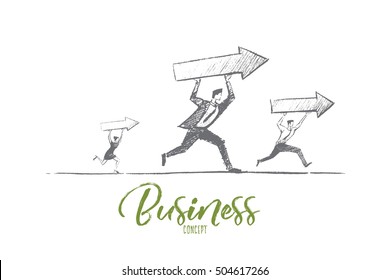 Vector hand drawn business concept sketch. Business people running and carrying indicators meaning progress and development in business. Lettering Business concept