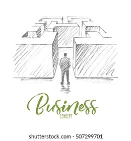 Vector hand drawn business concept sketch. Businessman standing backwards at entrance of maze and hesitating whether to go or not. Lettering Business concept