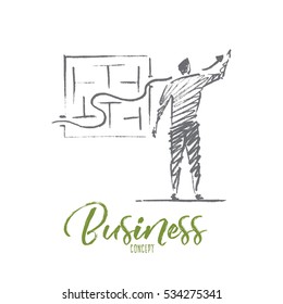 Vector hand drawn business concept sketch. Bisinessman standing backwards and drawing indicator of sustainable development through business maze. Lettering Business concept