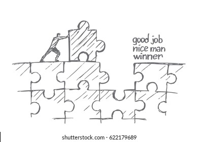 Esbozo de concepto de negocio dibujado a mano por vectores. El hombre colecciona puzzles. Buen trabajo, buen hombre, ganador.