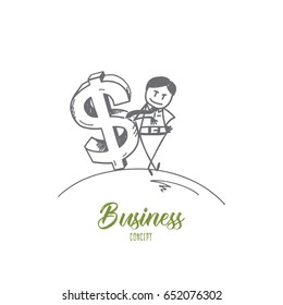 Vector hand drawn Business concept sketch. Businessman standing near big dollar badge