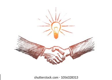 Vector hand drawn business idea sketch. Handshaking of two businessmen meaning successful meeting or deal.