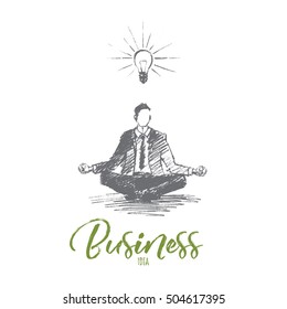 Esbozo de ideas de negocios dibujado a mano por vectores. Empresario sentado en posición de loto, meditando y concentrándose en ideas. Difusión de ideas comerciales