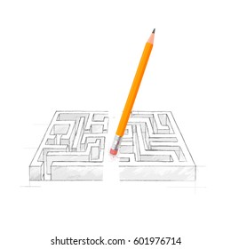 Vector hand drawn business sketch. Maze or labyrinth. A path is made with a pencil eraser.