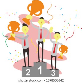 Vector hand drawn businessman number one concept sketch. Happy businessman standing on the first place of podium with raised hands, the second and the third positions workers looking at him