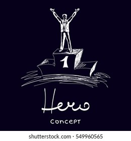 Vector hand drawn businessman number one concept sketch. Happy businessman standing on the first place of podium with raised hands