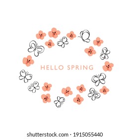 Vector hand drawn butterfly and flowers frame illustration