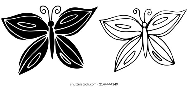 Mariposa dibujada a mano por vectores. Ilustración de línea para libro de coloreado. Hobby contra el estrés.