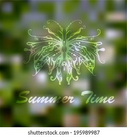 Vector Hand Drawn Butterfly on abstract Summer Green Background, gradient mesh and transparency effects, fully editable eps 10 file