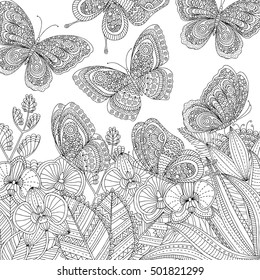 Vector hand drawn butterfly, plants and flowers tropical illustration for adult coloring book. Freehand sketch for adult anti stress coloring book page with doodle and zentangle elements.