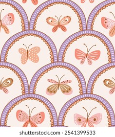 Vector hand drawn butterfly trellis seamless pattern. Stylish cute butterfly fabric design, wallapper or wrapping paper. Kids insect seamless print design. damask pattern.