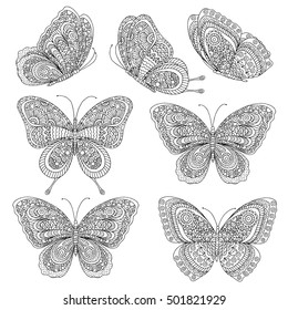 Vector hand drawn butterfly tropical illustration for adult coloring book. Freehand sketch for adult anti stress coloring book page with doodle and zentangle elements.