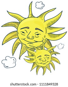 Vector hand drawn by pencils illustration for pagan and wiccan community: Midsummer solstice sun face. Midsummer or Midwinter Pagan Solstice Sun for Yule, Yuletide, Saint John and other events.
