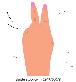 A vector hand drawn by hand shows the gesture. Peace hand gesture