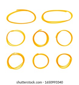 Vector hand drawn by a yellow highlighter circles isolated on white background, colorful design elements set.