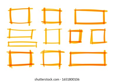 Vektorillustration, handgezeichnet von einem gelben, markierbaren, quadratischen, unbedruckten Rahmen einzeln auf weißem Hintergrund, Sammlung von Designelementen.