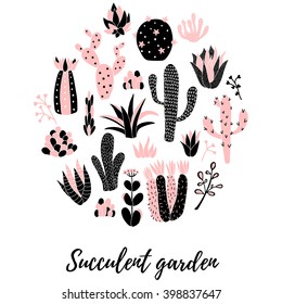 vector hand drawn cacti in a circle on isolated background