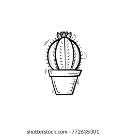 Vector hand drawn cactus outline doodle icon. Decorative potted house plant sketch illustration for print, web, mobile and infographics isolated on white background.