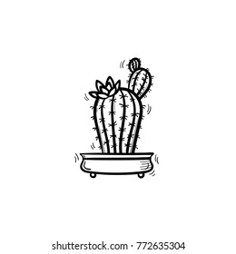 Vector hand drawn cactus outline doodle icon. Decorative potted house plant sketch illustration for print, web, mobile and infographics isolated on white background.