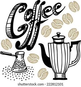 Vector hand drawn cafetiere. Coffee beans. Menu. 