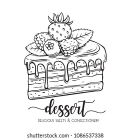 Vector hand drawn cake icon. Piece of chocolate dessert confectionery with berries strawberries, raspberries and blueberries for design cafe menu.