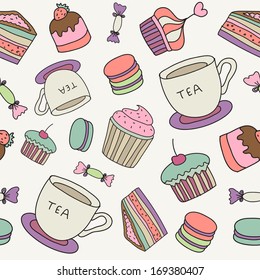  vector hand drawn cakes, sweets, macaroons, tea cup seamless background. Cafe, tea drinking, food, dessert colorful background