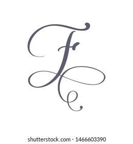 Vector Hand Drawn calligraphic floral F monogram or logo. Uppercase Hand Lettering Letter F with swirls and curl. Wedding Floral Design