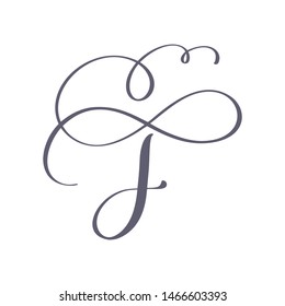 Vector Hand Drawn calligraphic floral F monogram or logo. Uppercase Hand Lettering Letter F with swirls and curl. Wedding Floral Design