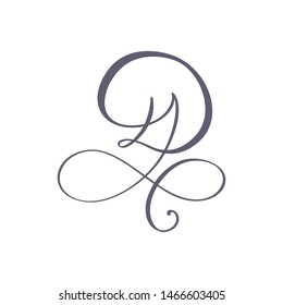 Vector Hand Drawn calligraphic floral D monogram or logo. Uppercase Hand Lettering Letter D with swirls and curl. Wedding Floral Design