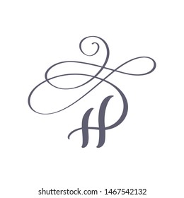 Vector Hand Drawn calligraphic floral H monogram or logo. Uppercase Hand Lettering Letter H with swirls and curl. Wedding Floral Design