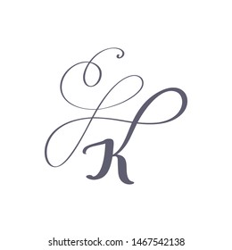 Vector Hand Drawn calligraphic floral K monogram or logo. Uppercase Hand Lettering Letter K with swirls and curl. Wedding Floral Design