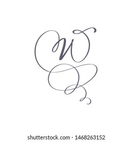 Vector Hand Drawn calligraphic floral W monogram or logo. Uppercase Hand Lettering Letter W with swirls and curl. Wedding Floral Design