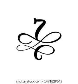 Vector Hand Drawn calligraphic floral number 7 monogram or logo. Hand Lettering numeral Seven with swirls and curl. Wedding Floral Design