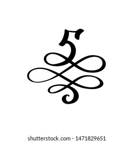 Vector Hand Drawn calligraphic floral number 5 monogram or logo. Hand Lettering numeral Five with swirls and curl. Wedding Floral Design