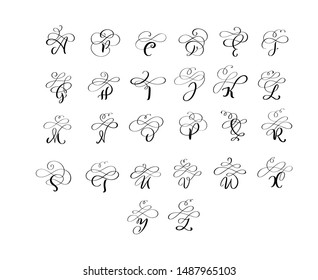 Vector Hand Drawn calligraphic flourish letters monogram or logo. Uppercase Hand Lettering alphabet with swirls and curls. Wedding Floral Design