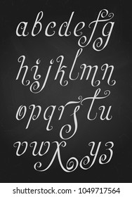 Vector hand drawn calligraphic flourished letters written with a wide pen. White isolated over black full alphabet set.