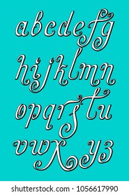 Vector hand drawn calligraphic flourished letters written with a wide pen. White with black shadow isolated over bright blue full alphabet set.