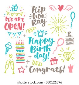 Vector hand drawn calligraphic illustration. Happy birthday set of lettering and graphic elements for invitation and greeting card, prints and posters. Festive positive design