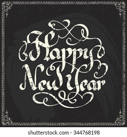vector hand drawn calligraphic logo for happy new year greeting card on blackboard happy classic vacation traditional black holiday background scene new ceremony christmas celebration ornate fancy smi